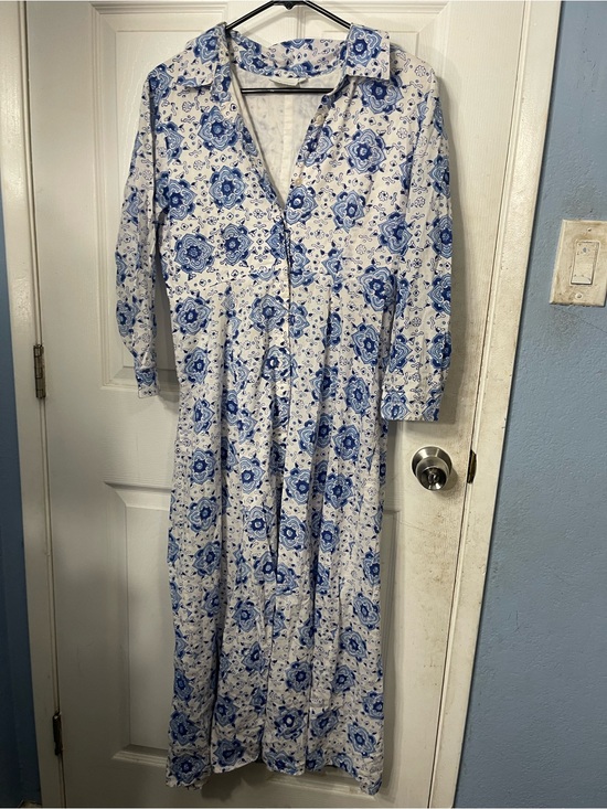Julia Amory Dresses & Skirts - Blue Floral Long-Sleeve Maxi Dress with Collar